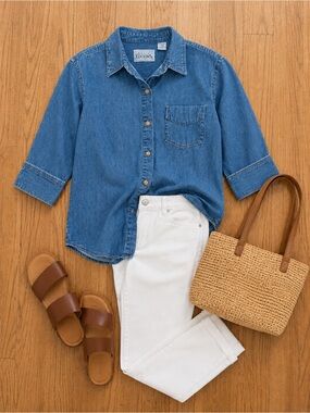 Women’s Denim Button Front Shirt Blue 100% Cotton 3/4 Sleeve Chambray Top Large